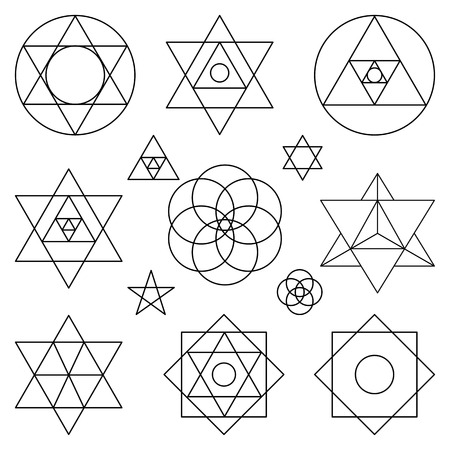 Sacred geometry symbols and icons.outline objects.Vintage Alchemy, religion, philosophy, spirituality, hipster signs and elements.Sacred isolated buddhism,religion,historical set and ethnic shapesのイラスト素材