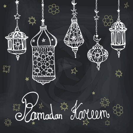 Traditional lantern of Ramadan Kareem .Doodle greeting card .Holy month of muslim community.Hand drawing hanging arabic lamp, star and moon on blue background.Vector Chalkboardのイラスト素材