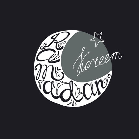 Doodle calligraphy text Happy Ramadan Kareem in moon shape with arabic  islamic holy month of muslim community, Ramazan-ul-Mubarak celebration.Vector lettering  silhouette on night sky.Greeting cardのイラスト素材