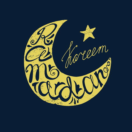 Doodle calligraphy text Happy Ramadan Kareem in moon shape with arabic  islamic holy month of muslim community, Ramazan-ul-Mubarak celebration.Vector lettering  silhouette on night sky.Greeting cardのイラスト素材