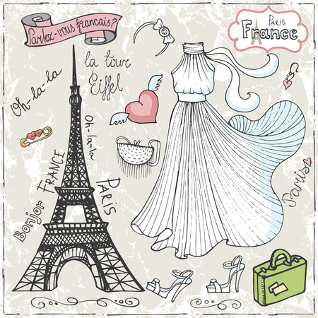 Set of Paris Eiffel tower,lettering,dress,faschion elements.Hand drawn doodle sketchy.French words good travell,Speak French,hello,Eiffel tower.Vintage cute Vectorのイラスト素材