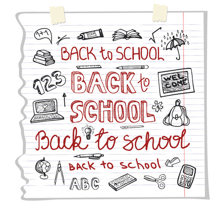 Back to School Supplies.Doodles Sketchy Notebook  with Lettering and Hand Drawing icons.Vector Illustration Design Elements on Lined Sketchbook Paper Background.Teachers dayのイラスト素材