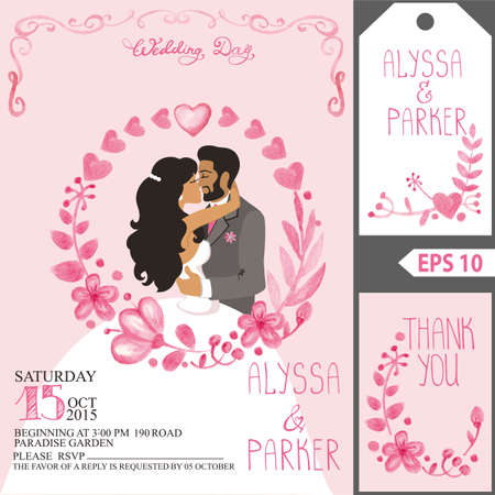 Watercolor.Wedding invitation design template.Pink floral wreath,wedding couple bribe and groom.Flowers, branches,swirling border decor.Fashion Vector,vintage invitation,tag,save date cardのイラスト素材
