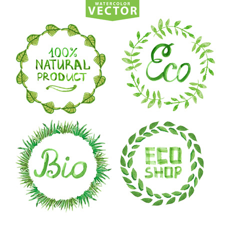 Watercolor laurels wreath,label, set.Green branches,lettering and plants elements.Organic,bio,eco,ecology natural design template and menu.Hand drawing painting.Vintage branding vector.のイラスト素材