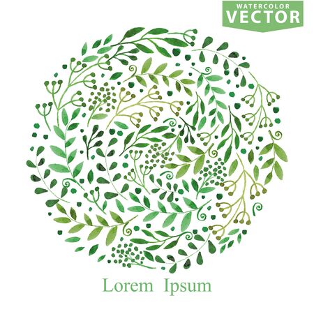 Watercolor green branches,leaves ,laurels circle composition .For poster,card.Seasonal vector,summer,spring decor.Yand painting artistic background.Room for textのイラスト素材