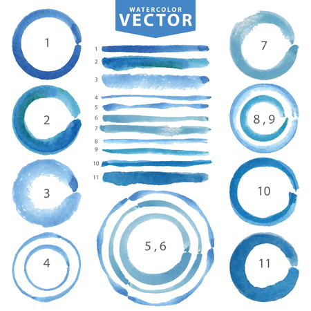 Watercolor hand painting stain circles,line brushes set. Light blue,cyan and color .Bright design template.Vintage blur vector,summer background.Holiday,vacation artistic texture,water stamp.のイラスト素材