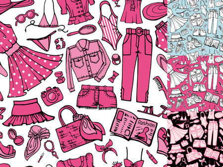 Fashion illustration,seamless pattern set.Vector hand drawn fashionable women  clothes,accessories.Summer vacation wear.Sketches fabric,wallpaper,backdrop,cute background.のイラスト素材