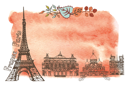 Paris Famous landmarks with autumn leaves ,watercolor splash background.Vintage doodle  sketchy.Notre Dame,Eiffel tower,Sacre Coeur. Fall design template,artistic Vector illustration.のイラスト素材