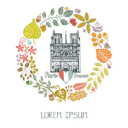 Paris Famous landmarks with autumn leaves wreath,round compositions.Vintage doodle  sketchy.Notre Dame cathedral art.Fall design template,Vector illustration,poster.のイラスト素材