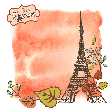 Paris Eiffel tower with autumn leaves ,watercolor splash background.Vintage doodle  sketchy.Famous landmark and label.Fall design template,artistic Vector illustration.のイラスト素材