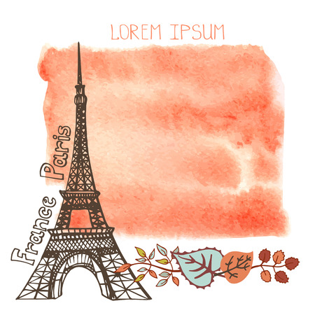 Paris Eiffel tower with autumn leaves ,watercolor splash background.Vintage doodle  sketchy.Famous landmark and label.Fall design template,artistic Vector illustration.のイラスト素材