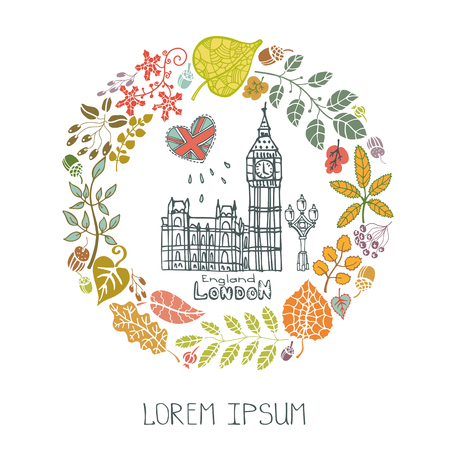 London Famous landmarks with autumn leaves wreath,round compositions.Vintage doodle sketchy.Big Ben capital building art ,symbol.Fall design template,Vector illustration.のイラスト素材