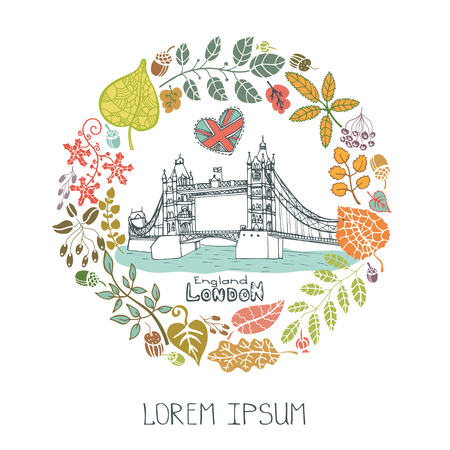 London Famous landmarks with autumn leaves wreath,round compositions.Vintage doodle sketchy.Tower Bridge capital building art .Fall design template,Vector illustration.のイラスト素材