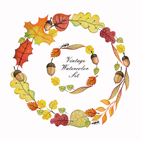 Vintage Watercolor autumn wreath.Colored branches, leaves,acorn set.Hand drawing isolated objects on white background. Autumn harvest illustration. Objects allocated in the pathの写真素材