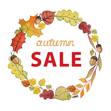 Vintage Watercolor autumn wreath .Colored branches, leaves,acorn set.Hand drawing isolated objects on white background. Autumn sale illustration. Objects allocated in the pathの写真素材