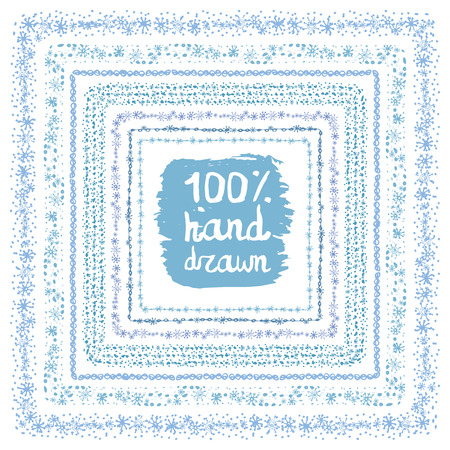 Christmas Hand drawn snow square frames set.New year doodle pattern textures,snowflakes, stars,point ornament.Decoration vector,cyan set.Winter symbols,isolated wreath.For card,invitationsのイラスト素材