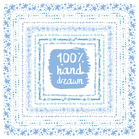 Christmas Hand drawn snow square frames set.New year doodle pattern textures,snowflakes, stars,point ornament.Decoration vector,cyan set.Winter symbols,isolated wreath.For card,invitationsのイラスト素材