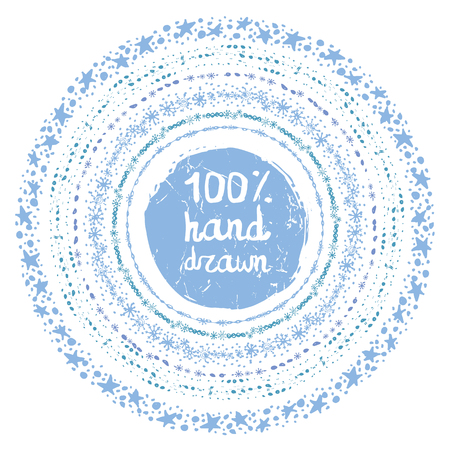 Christmas Hand drawn snow circle frames set.New year doodle pattern textures,snowflakes, stars,point ornament.Decoration vector,cyan set.Winter symbols,isolated wreath.For card,invitationsのイラスト素材