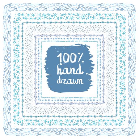 Christmas Hand drawn snow square frames set.New year doodle pattern textures,snowflakes, stars,point ornament.Decoration vector,cyan set.Winter symbols,isolated wreath.For card,invitationsのイラスト素材