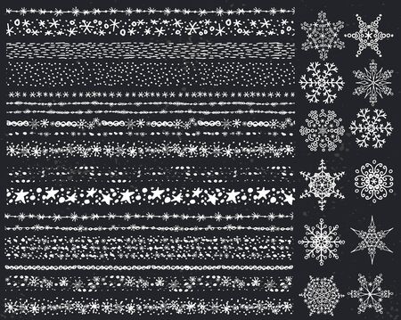 Christmas Hand drawn snow ,seamless borders,line brushes,snowflakes set.New year,Valentine,wedding day  pattern textures,point ornament.Vector Decoration.Winter symbols.For card,invitations.Chalkboardのイラスト素材