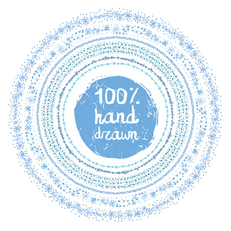 Christmas Hand drawn snow  circle frames set.New year doodle pattern textures,snowflakes, stars,point ornament.Decoration vector,cyan set.Winter symbols,isolated wreath.For card,invitationsのイラスト素材
