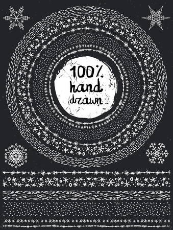 Christmas Hand drawn snow circle frames,seamless borders,brushes set.New year doodle pattern textures,snowflakes, point ornament.Vector Decoration.Winter symbols.For card,invitations.Chalkboardのイラスト素材
