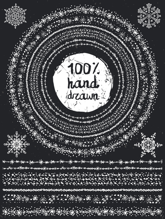Christmas Hand drawn snow circle frames,seamless borders,brushes set.New year doodle pattern textures,snowflakes, point ornament.Vector Decoration.Winter symbols.For card,invitations.Chalkboardのイラスト素材