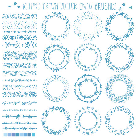 Christmas Hand drawn snow brushes,wreath,circle,frame.New year doodle pattern textures,snowflakes, stars,point ornament.Decoration vector cyan set.Winter symbols.Used brushes included.White backgroundのイラスト素材