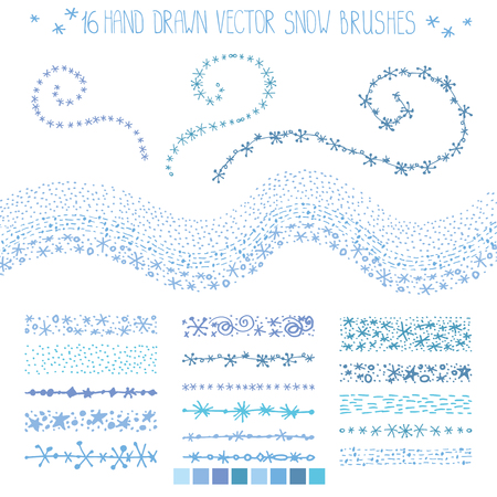 Christmas Hand drawn snow brushes.New year doodle pattern textures,snowflakes, stars,point ornament.Decoration vector cyan set.Winter symbols.Used brushes included.White backgroundのイラスト素材