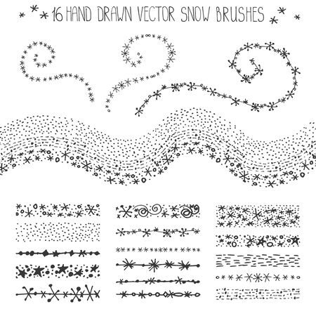 Christmas Hand drawn snow brushes.New year doodle pattern textures,snowflakes, stars,point ornament.Decoration vector set.Winter symbols.Used brushes included.White backgroundのイラスト素材