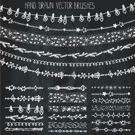 Christmas Hand drawn garland brushes.New year doodle pattern textures,snowflakes, lamps, stars ornament.Decoration vector set.Winter symbols.Used  brushes included.Chalkboard backgroundのイラスト素材