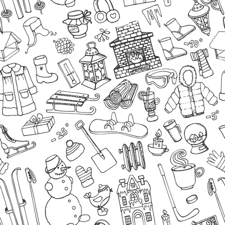 Winter season doodle set.Christmas symbols, new year elements  seamless pattern.Winter sports,snowflakes,knitted wear,snowman,fireplace with other Hand drawn vector, isolated over white background.のイラスト素材