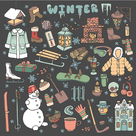 Winter season doodle set.Christmas symbols, new year elements.Knitted wear, winter sports,snowflakes,birds,snowman,fireplace with other Hand drawn vector, isolated over dark background.のイラスト素材