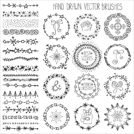 Christmas Hand drawn Pattern brushes.New year doodle textures,snowflakes, stars,artistic ornament.Decoration vector set.Circle frame wreath with winter symbols.Used  brushes includedのイラスト素材