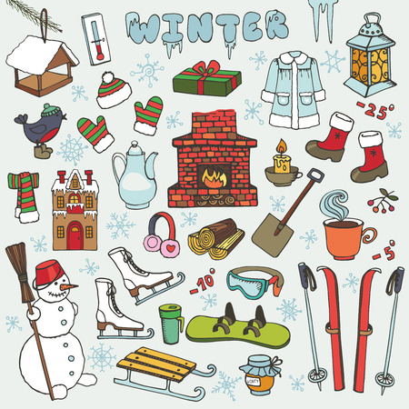 Winter season doodle set.Knitted wear, winter sports,snowflakes,birds,snowman,fireplace with other Christmas symbols, new year elements.Hand drawn vector, isolated over white background.のイラスト素材
