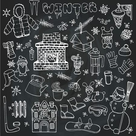Winter season doodle set.Knitted wear, winter sports,snowflakes,birds,snowman,fireplace with other Christmas symbols, new year elements.Hand drawn vector,Linear decor on Chalkboard background.のイラスト素材