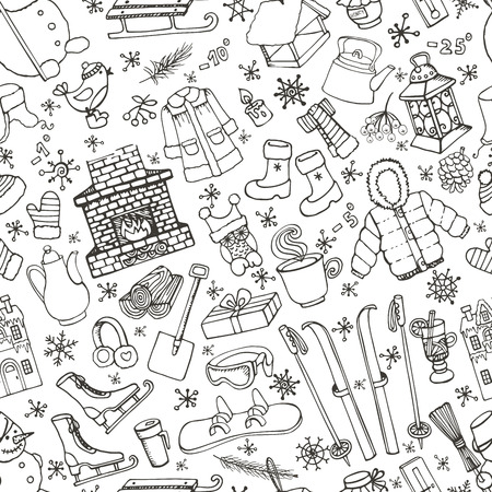 Winter season doodle seamless pattern. knitted wear,winter sports,snowflakes,birds,snowman,fireplace with other Christmas symbols, new year elements background.Hand drawn vector.のイラスト素材