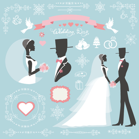 Wedding decor set for winter holiday.Bride,groom Flat silhouette,portrait.Bridal dress,Swirling borders, ribbon,label, snowflakes.Invitation Design template kit.Vintage fashion Vectorのイラスト素材