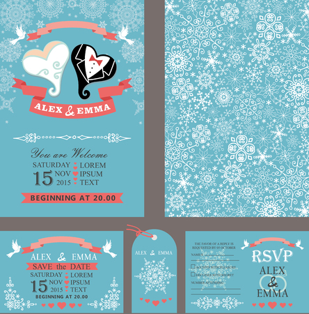 Wedding design template set.Winter,Christmas season.Bride and groom heart,snowflakes ornament,ribbon and pigeons.Flat people .Holiday,New year invitation,save date,RSVP and tag. Vector Illustrationのイラスト素材