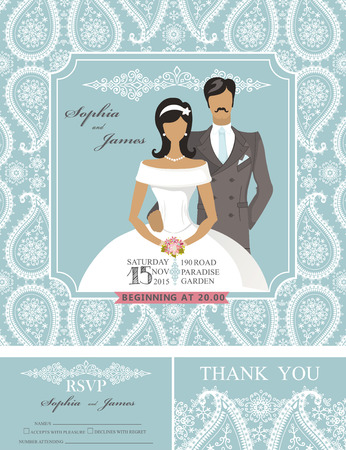 Wedding invitation cards set.Bride and groom couple,pisley lace pattern,frame,retro design.Winter season save the date card, thank you card,RSVP.Holiday Vector,fashion illustrationのイラスト素材