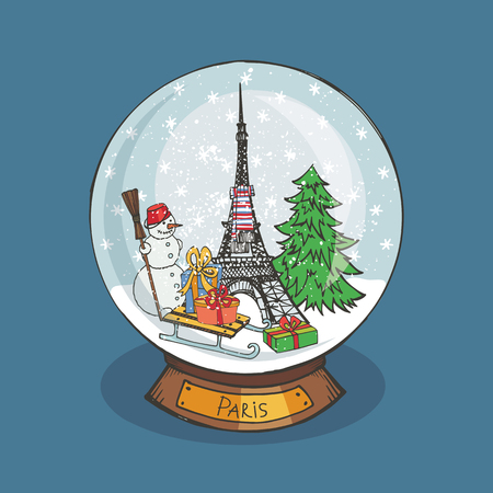 Merry Christmas snow globe with Paris .Doodle Eiffel tower,fir tree,snowman,gifts  under the snow.Noel in France. Hand drawing New Year present. Vintage simple vector,new year glass ballのイラスト素材