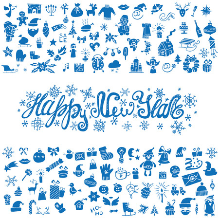 New year Greeting card with doodle icons setのイラスト素材