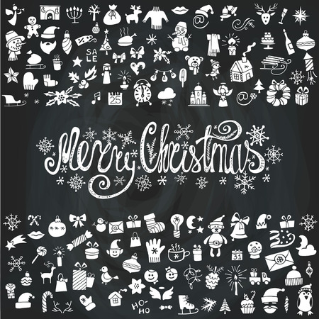 Merry Christmas Greeting card with doodle icons setのイラスト素材
