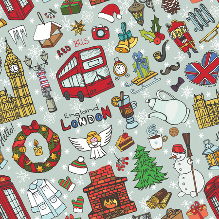 London Winter seamless pattern with landmark symbolsのイラスト素材