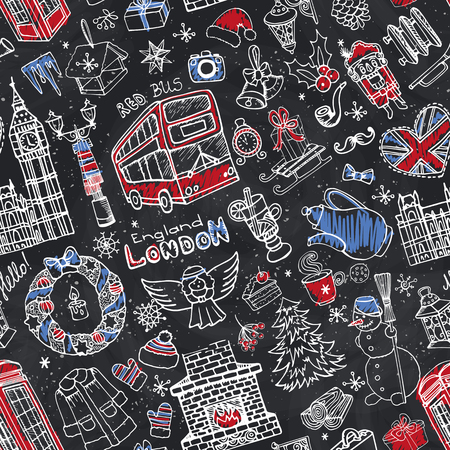 London Winter seamless pattern with landmark symbolsのイラスト素材