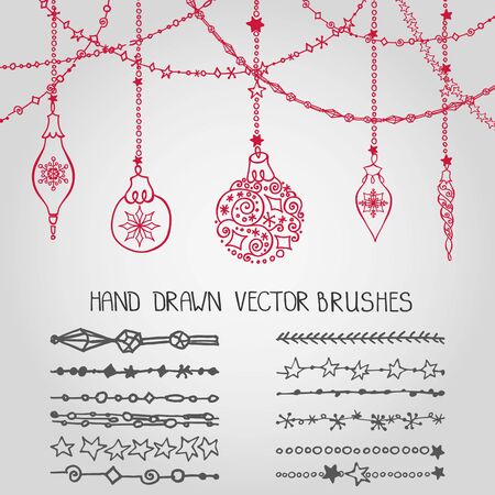 Christmas Hand drawn garland brushes with ornate balls.New year doodle pattern textures.Decoration vector set.Winter symbols in line border.Used brushes included.Design template,cardのイラスト素材
