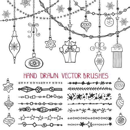 Christmas Hand drawn line brushes,borders with ornate balls.New year doodle pattern textures.Decoration vector set.Winter symbols garlands.Used Black  brushes included.Design template,cardのイラスト素材