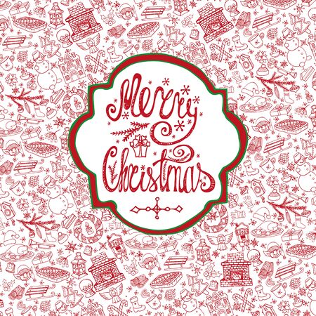 Christmas season celebration card.Doodle pattern background,label lettering.Winter symbols decoration,snowflakes,food,snowman,fireplace, holiday and new year elements.Hand drawn vector,invitationのイラスト素材