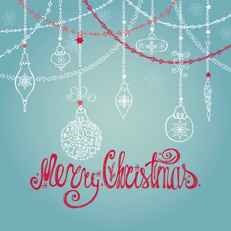 Christmas greeting card with ball, garlands ,presents and Handwriting lettering.Holiday background.New year template.Vintage vector.Winter decoration, snowflakes.のイラスト素材