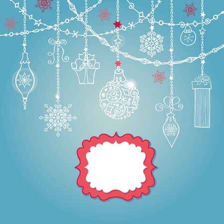 Christmas greeting card with ball, garlands ,presents and label.Holiday background.New year template.Vintage vector.Winter decoration, snowflakes.のイラスト素材